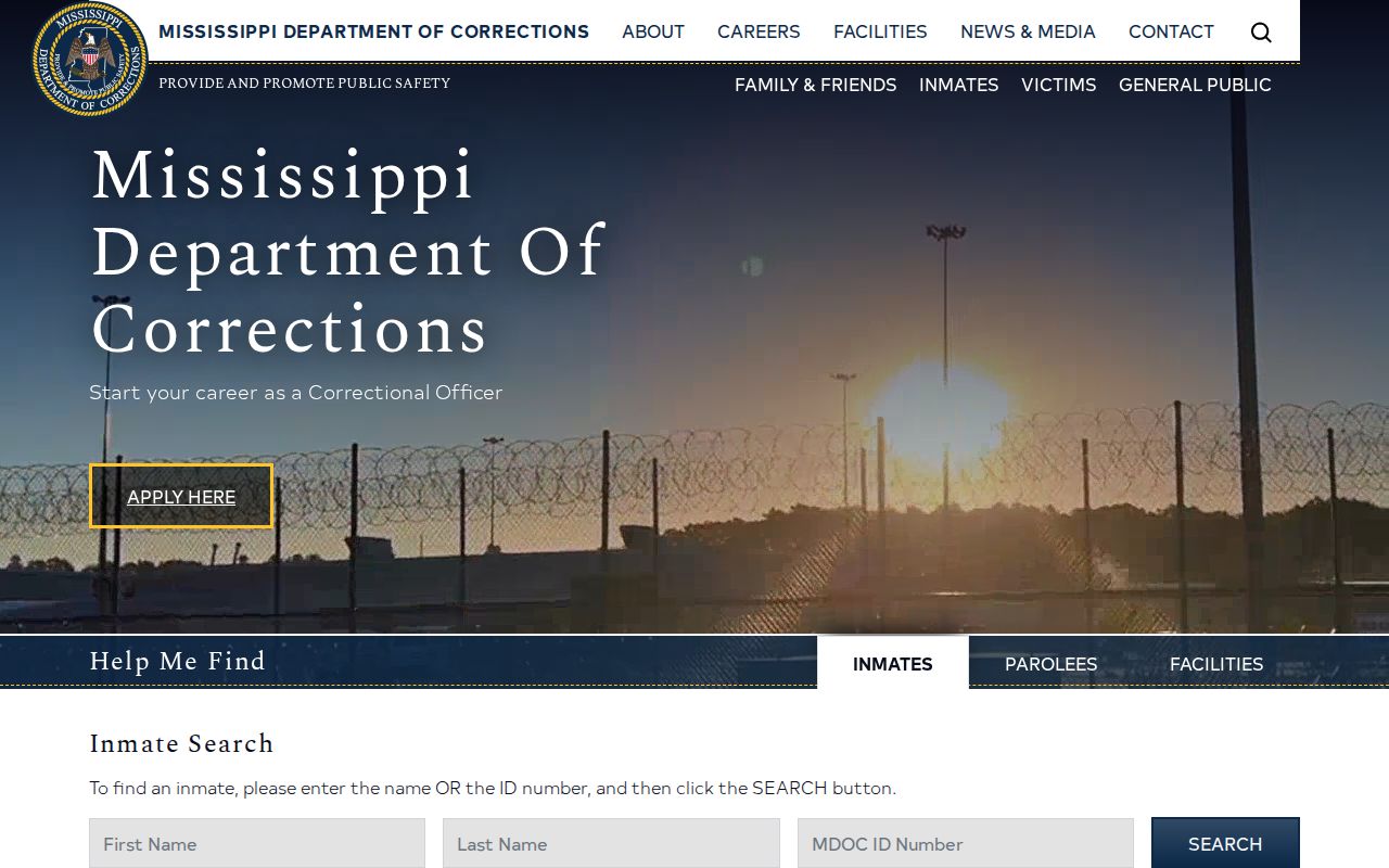 Mississippi Department of Corrections release search starting page for Jackson County cases