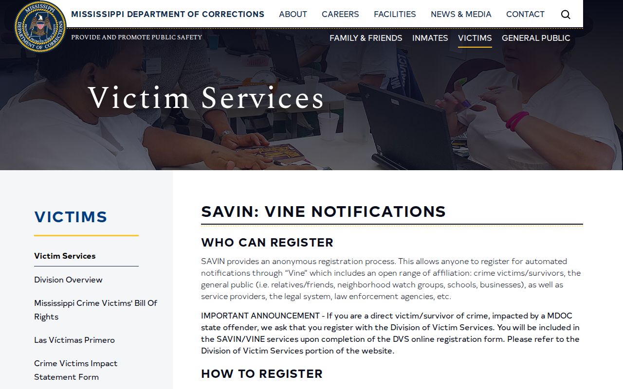 MS SAVIN page for Jackson County VINELink release notifications