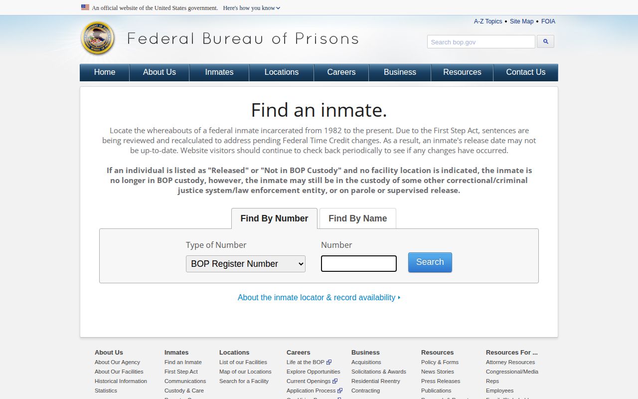 Federal Bureau of Prisons release locator for a Jackson County federal case